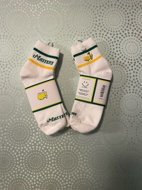 2 Pair Masters White Crew Socks with Green & Yellow Logo Stripes